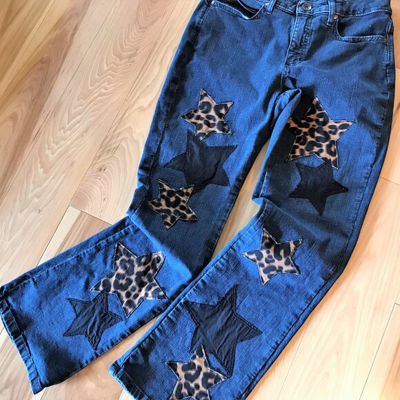 Patchwork Jeans, Size 12 Short: Boho Hippie Pants, Leopard Print Stars - Picture 9 of 14